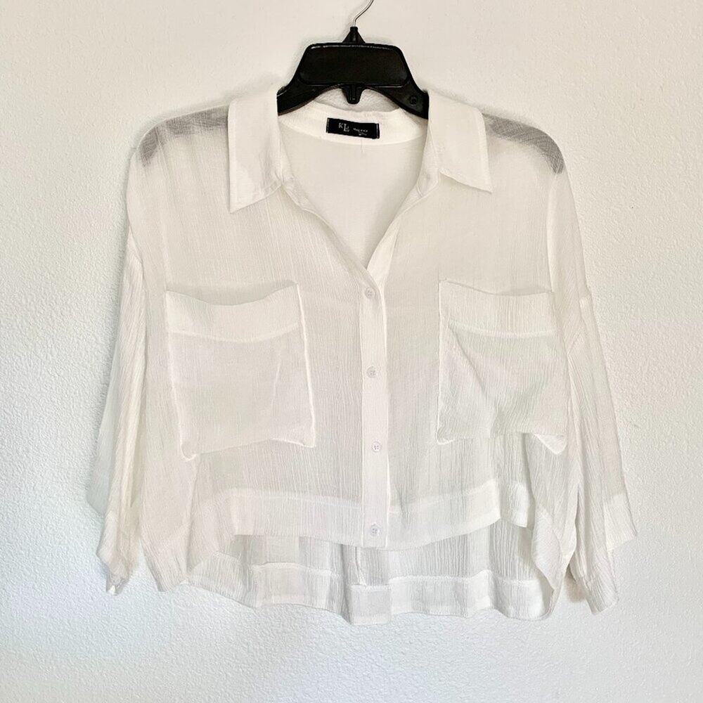 KLd White Cropped Button Down Shirt NEW